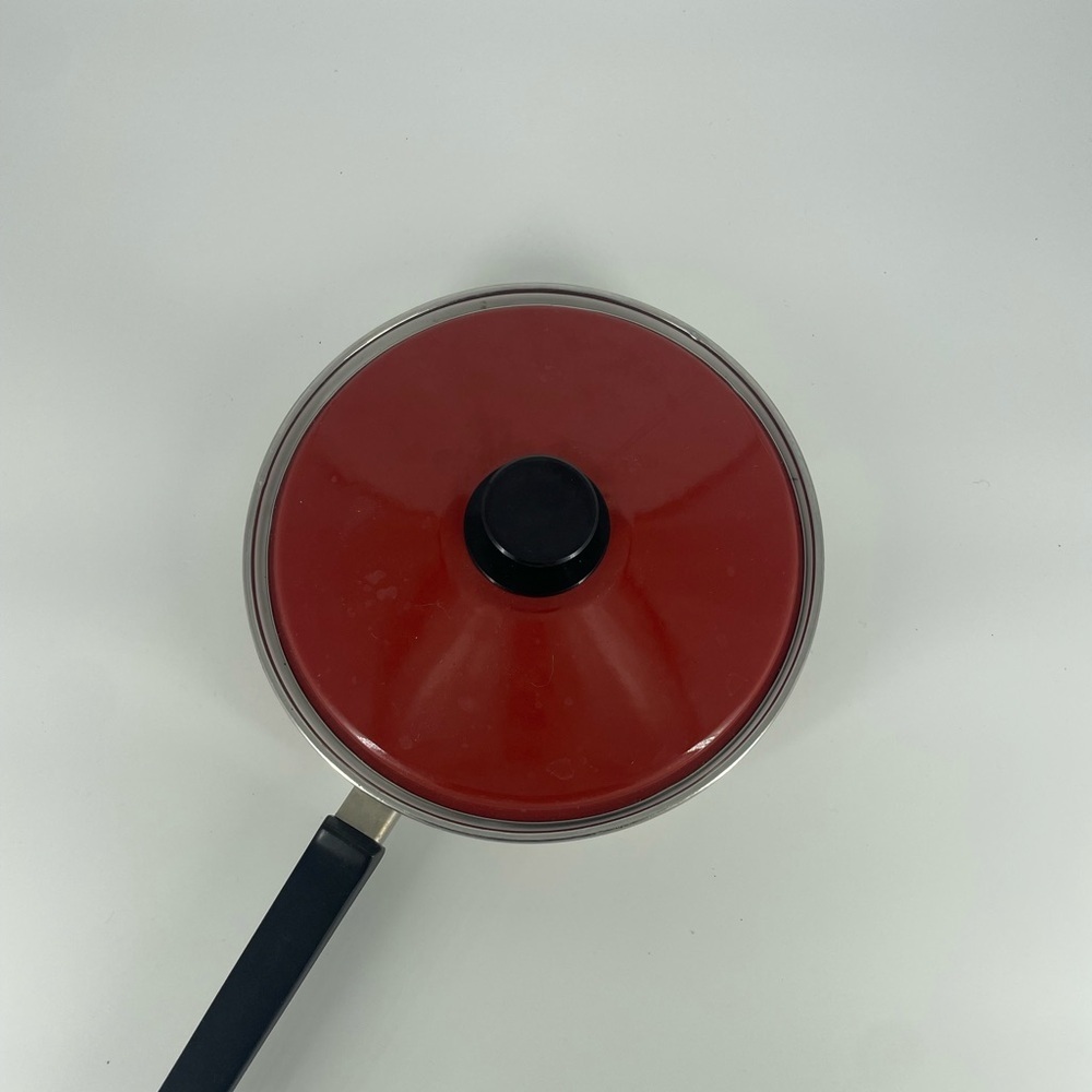 Vintage Enamel Cook Wear Pan Floral Red Lid Mid Century Modern MCM Skillet - Picture 6 of 7